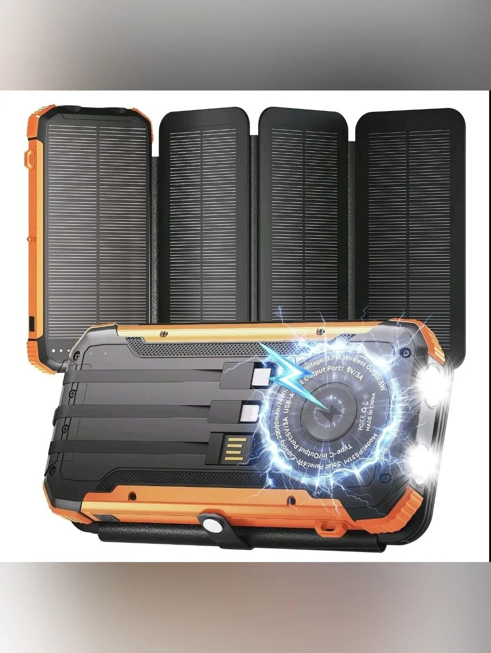 20000 mAh Solar Power Bank with 4 Multi-Type USB Outputs and 1 Wireless Output